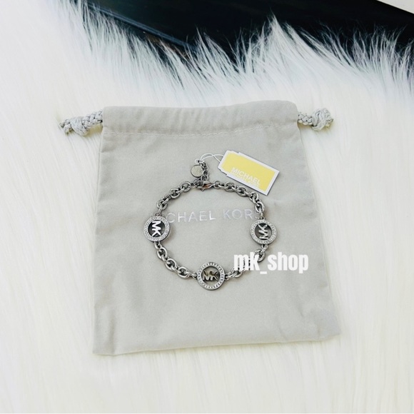 Michael Kors Fulton Logo Bracelet Silver Steel Chain Crystals - Picture 3 of 9